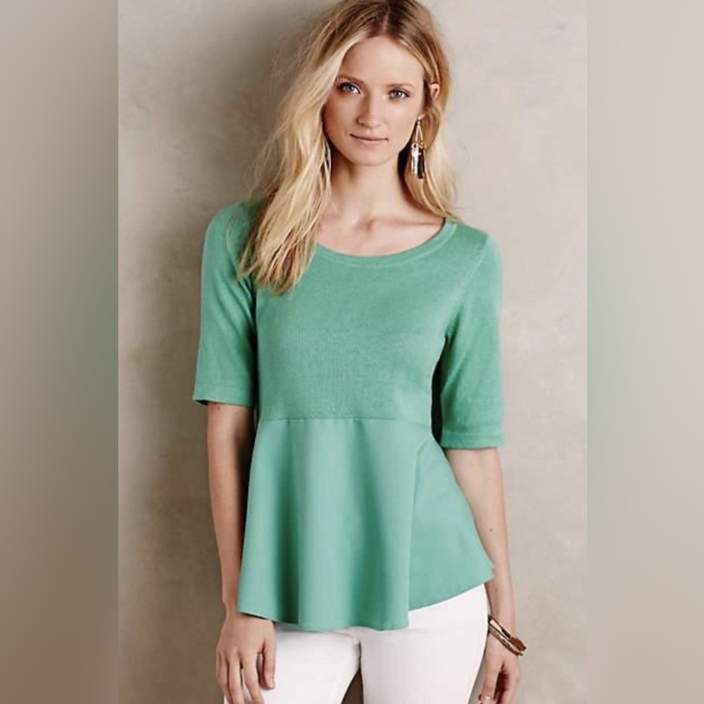 Anthropologie MOTH Green Keyhole Flared Peplum Top Half Sleeve Blouse